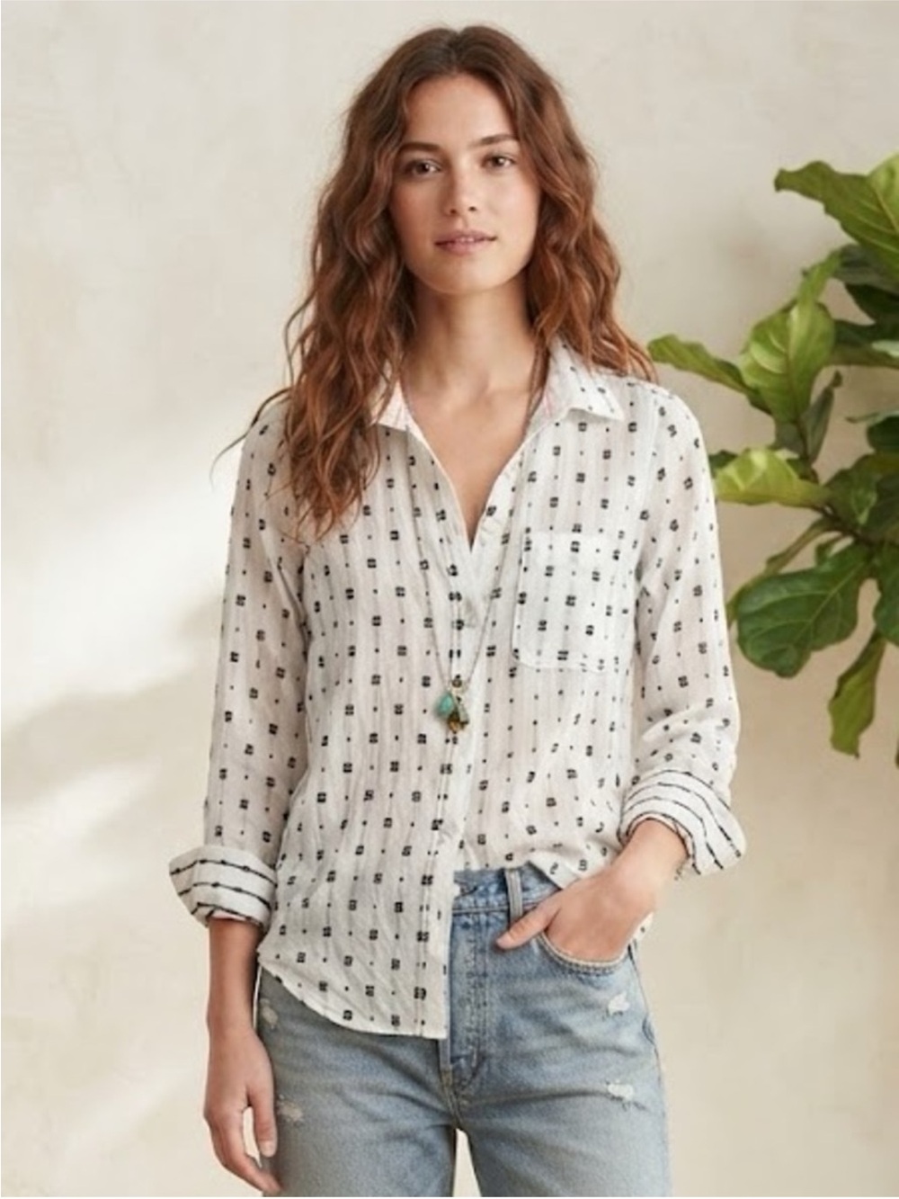 Anthropologie Maeve Clip Dot Relaxed Button Up Shirt Size 2 White Top Blouse